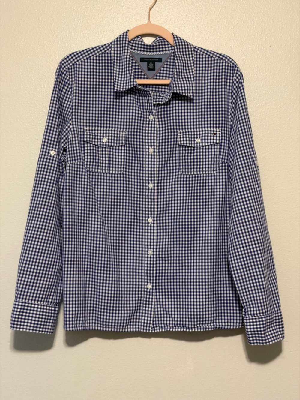 Tommy Hilfiger Blue and White Gingham Shirt with Contrast Stitching